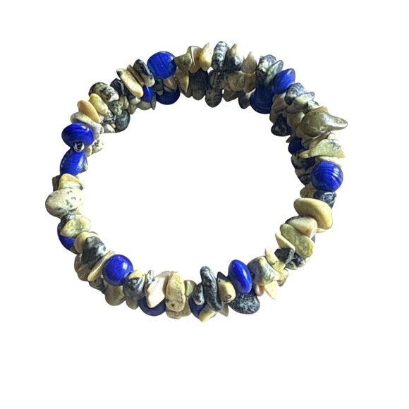 Natural Gemstone Stretch Bracelet With Lapis Lazuli & Yellow Jasper Beads - Picture 4 of 8